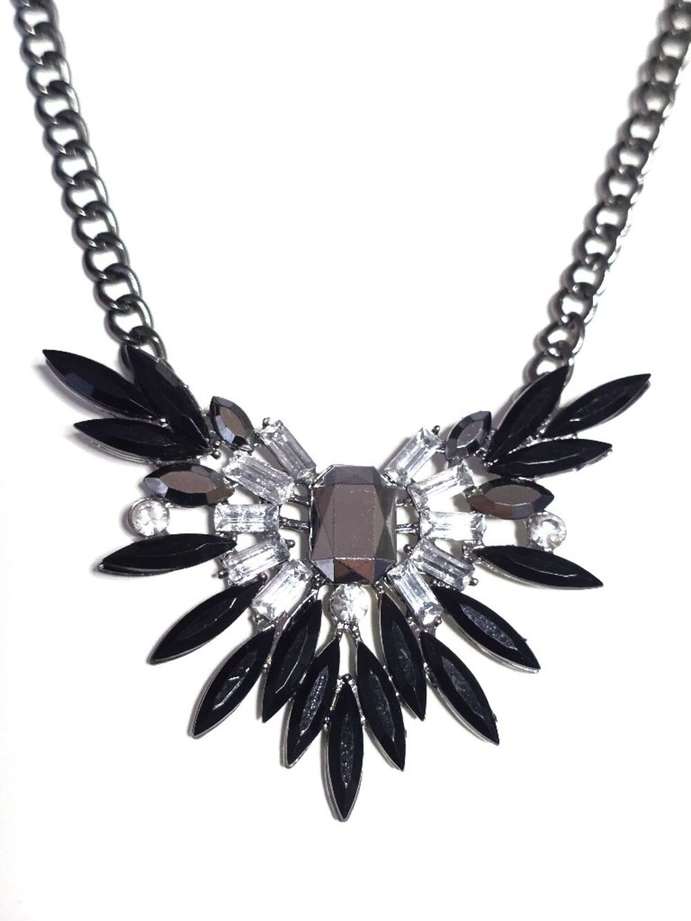 Art Deco style black rhinestone Sunburst fan necklace